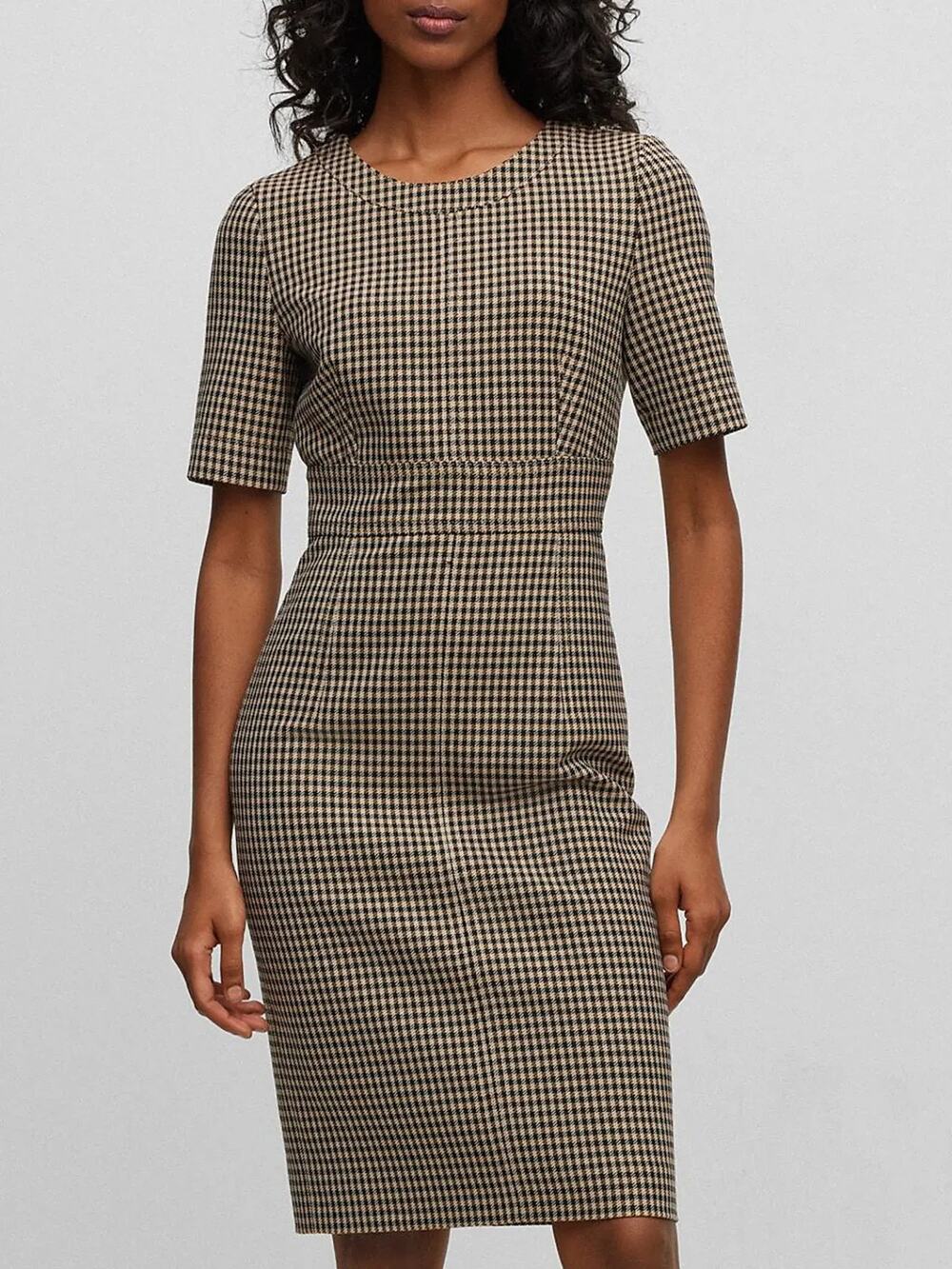 BOSS Women's Slim Fit Brown Black Check Sheath Business Career Dress - Size 8